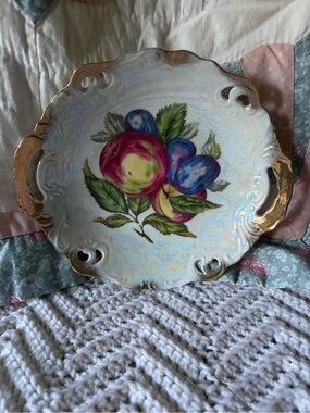 Hand-Painted Fruit Porcelain Serving Bowl with Gold Trim
